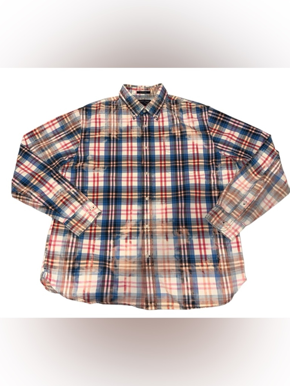Upcycle Plaid Shirt Pink Floyd Lands End Oxford Distressed Men’s Button Up Sz L - Picture 5 of 8
